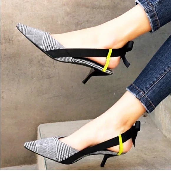 {Zara} Gray Plaid Slingback Bow Kitten Heels - Picture 16 of 16